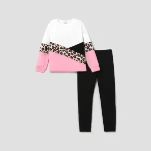 2pcs Kid Girl Leopard Print Colorblock Long-sleeve Tee and Black Leggings Set #202561