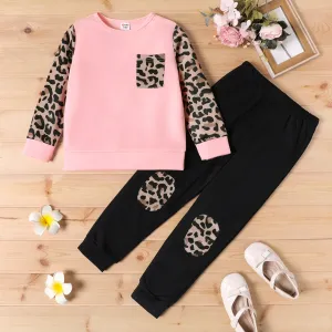 2pcs Kid Girl Leopard Print Colorblock Pullover Sweatshirt and Elasticized Pants Set #213807