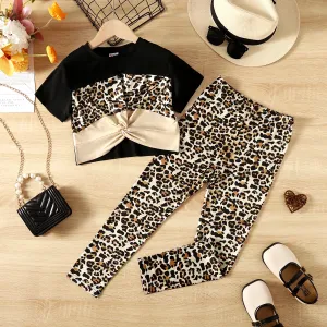 2pcs Kid Girl Leopard Print Twist Short-sleeve Tee and Pants Set #1057964