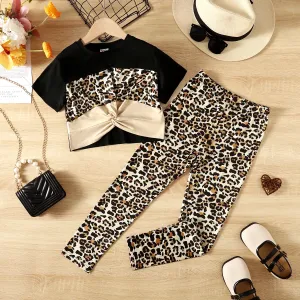 2pcs Kid Girl Leopard Print Twist Short-sleeve Tee and Pants Set #1082806