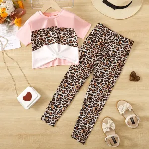 2pcs Kid Girl Leopard Print Twist Short-sleeve Tee and Pants Set #1170371