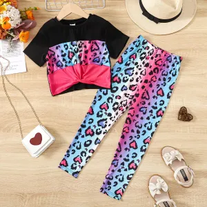 2pcs Kid Girl Leopard Print Twist Short-sleeve Tee and Pants Set #1170377