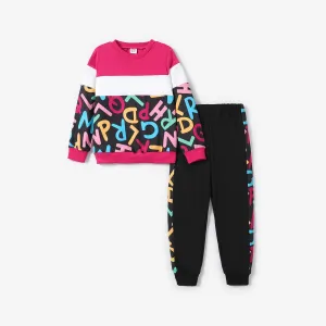 2pcs Kid Girl Letter Print Colorblock Sweatshirt and Elasticized Pants Set