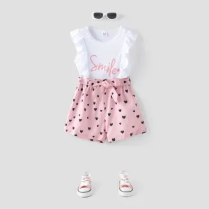 2pcs Kid Girl Letter Print Flutter-sleeve Tee and Heart Print Belted Shorts Set