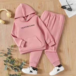 2pcs Kid Girl Letter Print Pocket Design Hoodie Sweatshirt and Elasticized Pants Set #831164