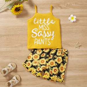 2pcs Kid Girl Letter Print Rib-knit Cami Top and Floral Sunflower Print Shorts Set