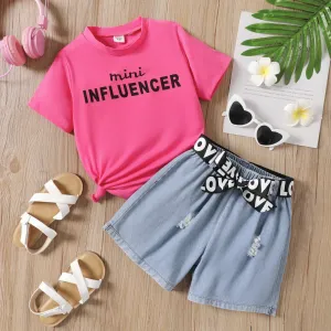 2pcs Kid Girl Letter Print Short-sleeve Tee and Belted Ripped Denim Shorts Set #912005