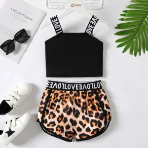 2pcs Kid Girl Letter Tape Camisole and Leopard Shorts Set #915898