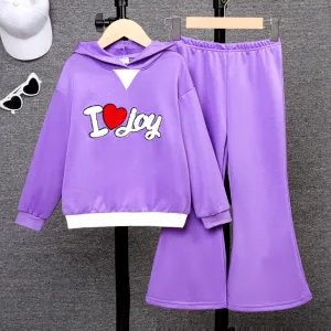 2pcs Kid Girl Letters Heart Embroidery Hoodie and Solid Flared Pants Set #1052301