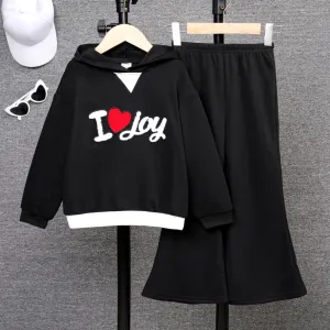 2pcs Kid Girl Letters Heart Embroidery Hoodie and Solid Flared Pants Set #1052306