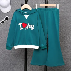 2pcs Kid Girl Letters Heart Embroidery Hoodie and Solid Flared Pants Set #1052313