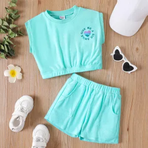 2pcs Kid Girl Letters Heart Embroidery Sleeveless Top and Patch Pockets Solid Shorts Set #1044132