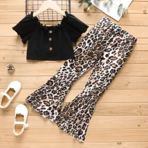 2Pcs Kid Girl Naia Button Up Cotton Crop Top & Leopard Flared Pants Set #872071