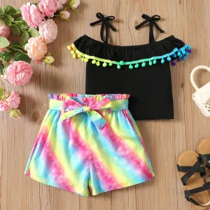 2pcs Kid Girl Pom Pom Decor Ruffled Camisole and Rainbow Belt Shorts Set #865316