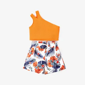 2pcs Kid Girl Ribbed One-Shoulder Top and Allover Flower Print Shorts Set #1038459