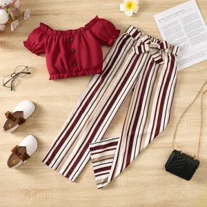 2pcs Kid Girl Ruffle Buttons Front Solid Top and Belted Stripe Pants Set #1054360