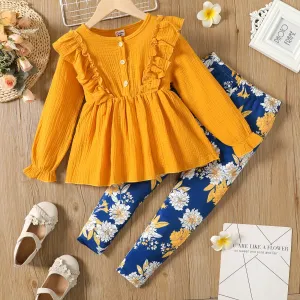 2pcs Kid Girl Ruffled Button Design Long-sleeve Tee and Floral Print Leggings Set #229704