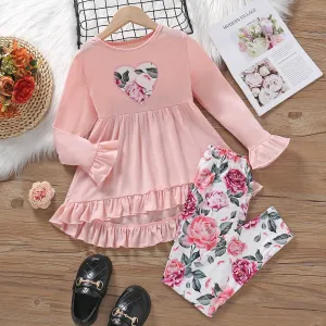 2pcs Kid Girl Ruffled Heart Embroidered Long-sleeve Tee and Floral Print Leggings Set #231182