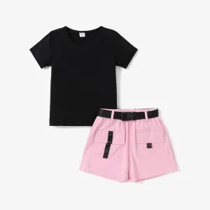 2pcs Kid Girl Short-sleeve Tee and Pocket Design Belted Shorts Set #786350