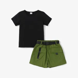 2pcs Kid Girl Short-sleeve Tee and Pocket Design Belted Shorts Set #786357