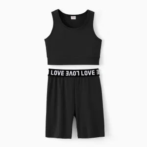 2pcs Kid Girl Solid Color Tank Top and Letter Print Shorts Sporty Set #720144