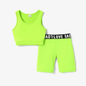 2pcs Kid Girl Solid Color Tank Top and Letter Print Shorts Sporty Set #720150
