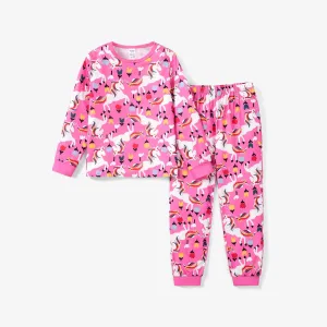 2pcs Kid Girl Unicorn and Floral Pattern Pink Pajamas #1195687