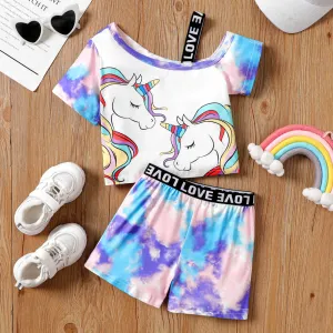 2pcs Kid Girl Unicorn Print Tie Dye One-Shoulder Top and Letter Tape Shorts Set #1047965