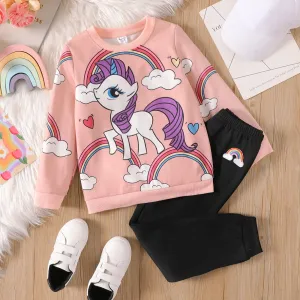 2pcs Kid Girl Unicorn Rainbow Print Fleece Lined Sweatshirt and Pants #833489