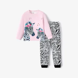 2pcs Kid Girl Zebra Animal Print Casual Pajama Set #1192051