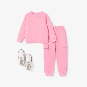 2pcs Kid Girl's Basic Sweatshirt and Patch Pocket Cargo pants Solid Color Suit #1211499