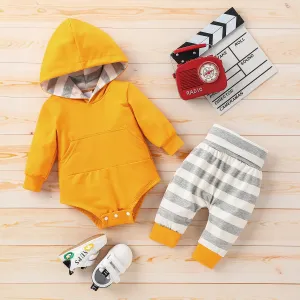2pcs Solid Long-sleeve Hooded Romper and Stripe Trouser Baby Set #192231