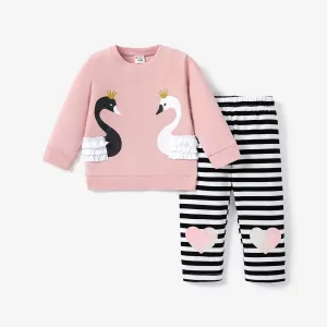 2pcs Swan and Stripe Print Long-sleeve Baby Set #828819