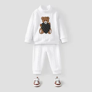 2pcs Teddy and Heart Applique Knitted Turtleneck Long-sleeve White Baby Set #191882