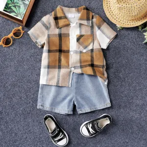 2pcs Toddler/Kid Boy  Classic Grid/Houndstooth Lapel Top and Pants Set #1332353