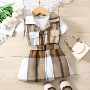 2pcs Toddler/Kid Girl's Casual Vest and Houndstooth Lapel Dress Set #1323643