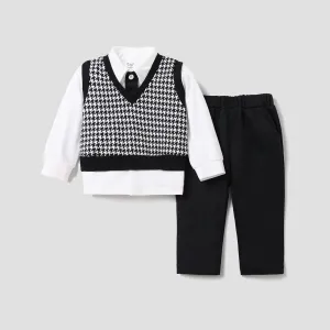 3-Pack Baby Boy Houndstooth Vest and Solid Long-sleeve Shirt with Pants Set #223306