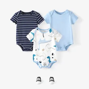 3-Pack Baby Girl/Boy Dinosaur Print/Stripe/Solid Color Short-sleeve Rompers #233069