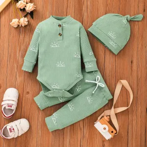 3-piece Baby Boy/Girl 95% Cotton Ribbed Long-sleeve Sun Print Button Design Romper and Elasticized Pants with Cap Set #195390