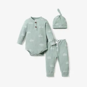 3-piece Baby Boy/Girl 95% Cotton Ribbed Long-sleeve Sun Print Button Design Romper and Elasticized Pants with Cap Set #195393