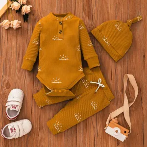 3-piece Baby Boy/Girl 95% Cotton Ribbed Long-sleeve Sun Print Button Design Romper and Elasticized Pants with Cap Set #195401