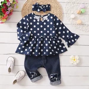 3pcs Baby All Over Polka Dots Navy Ruffle Bell Sleeve Top and Cotton Ripped Denim Jeans Set #829380