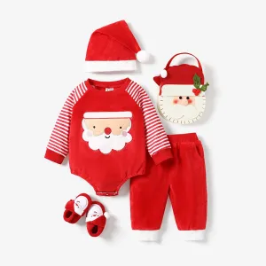 3pcs Baby Boy Childlike Fabric Stitching Christmas Pattern Romper/ Pants/Hat Set #1190123