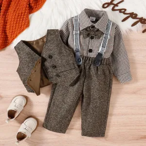 3PCS Baby Boy Elegant Grid/Houndstooth Shirt Collar Long Sleeve Set #1067003