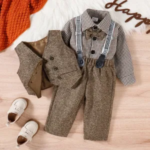 3PCS Baby Boy Elegant Grid/Houndstooth Shirt Collar Long Sleeve Set #1217497