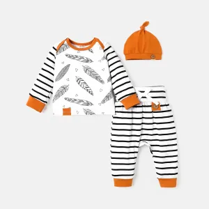 3pcs Baby Boy/Girl 95% Cotton Long-sleeve Feather Print Top and Striped Pants & Hat Set