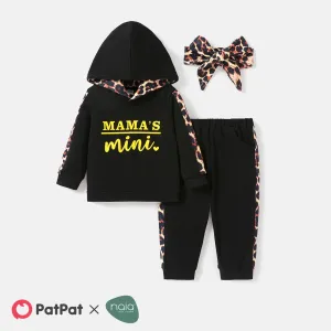 3pcs Baby Boy/Girl Leopard Print Cotton Spliced Long-sleeve Letter Graphic Naiaâ¢ Hoodie and Sweatpants & Headband Set #226208