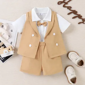 3pcs Baby Boy Lapel Collar Buttons Bow Tie Short-sleeve Top and Shirt & Shorts Set #1041423