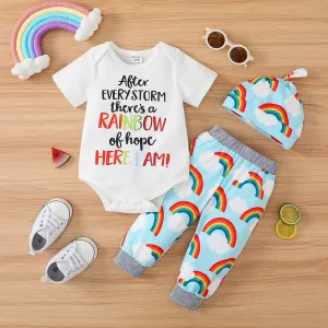 3pcs Baby Boy Letter Print Bodysuit & Rainbow Print Pants & Hat Set #922458