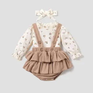 3pcs Baby Floral Print Long-sleeve Top and Ruffle Suspender Skirted Shorts Set #193007